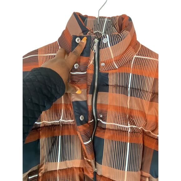Anthropologie Sparkz Orange Black Fall Amelia Plaid Puffer Coat Size Small - Picture 5 of 13
